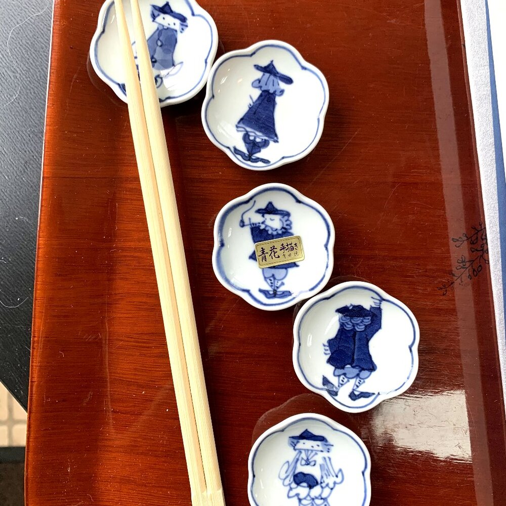 Vtg Japanese Aoka Karl Benihejin Chopstick Rest Holder 5pcs Set